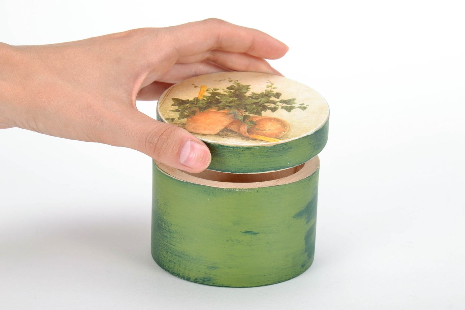 Wooden handmade jar 8 oz in green color with floral pattern 0,3 lb photo 5