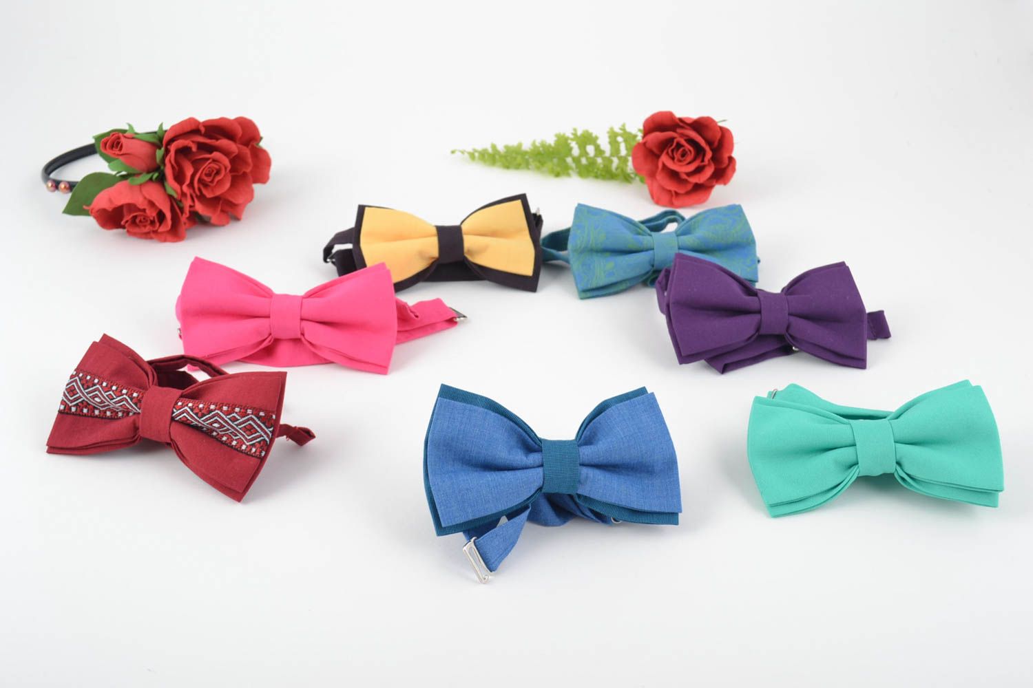 Set of 7 handmade designer bright cotton fabric bow ties unusual accessories photo 1