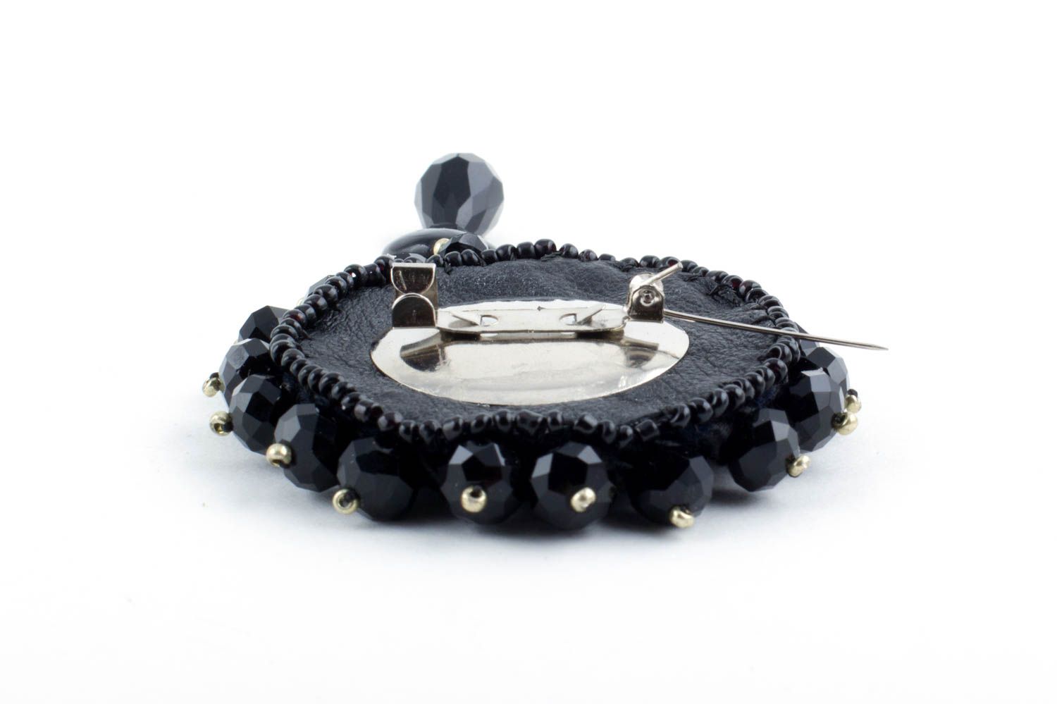 Handmade black agate and crystal bead brooch on leather basis for fashionista photo 4
