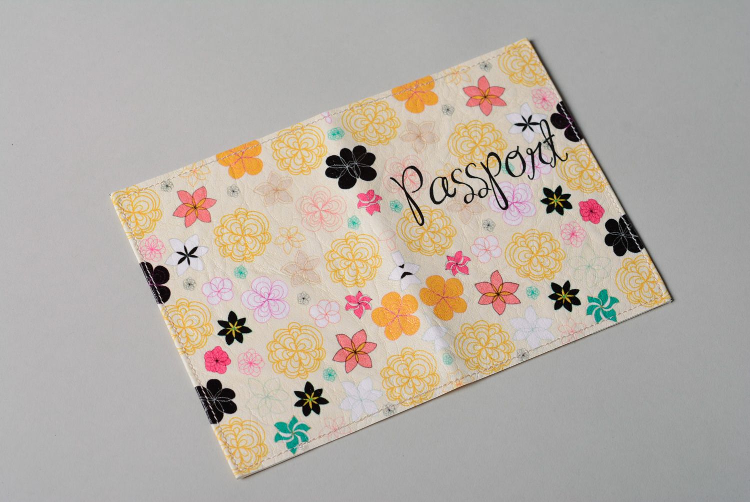 Homemade artificial leather passport cover with flower print photo 2