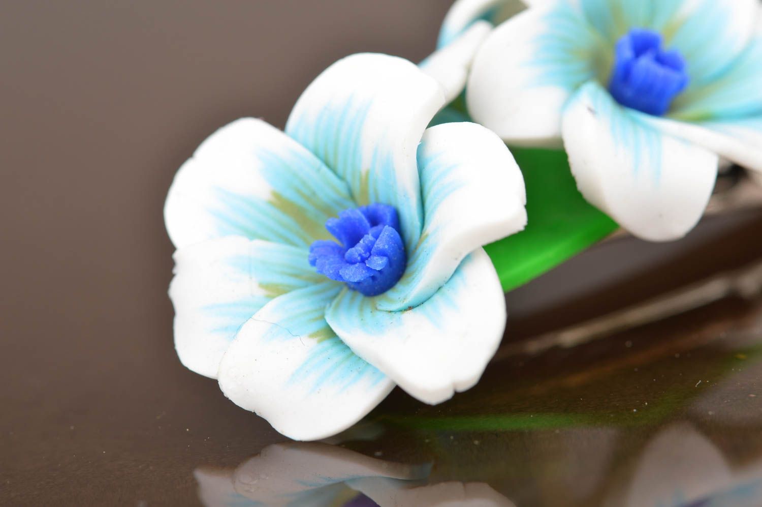 White and blue handmade designer barrette with plastic flowers photo 3