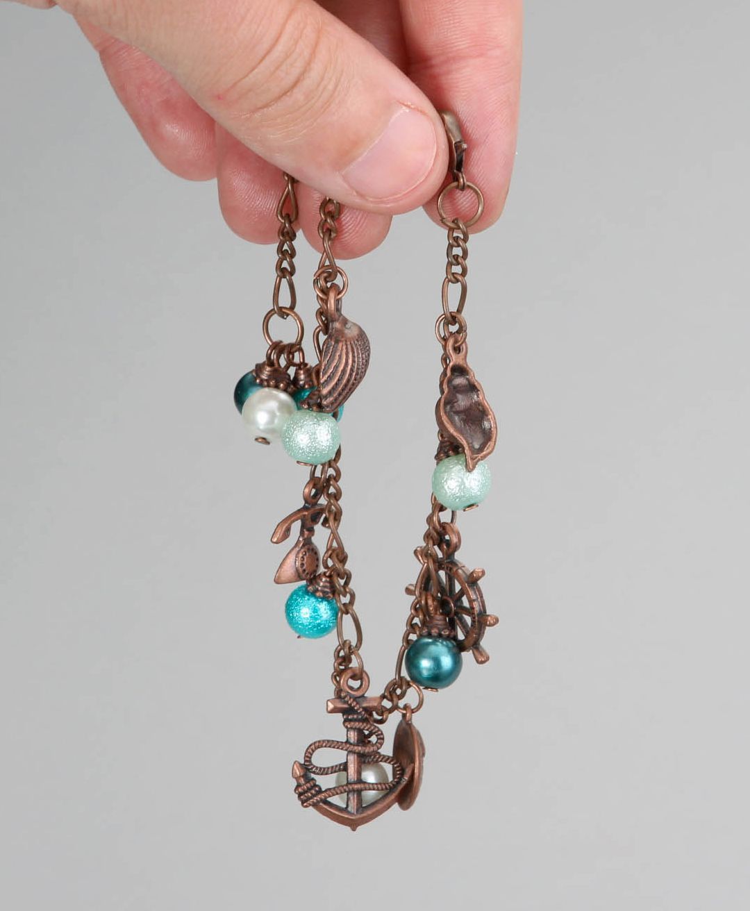 Bronze bracelet with ceramic pearls Sea photo 4