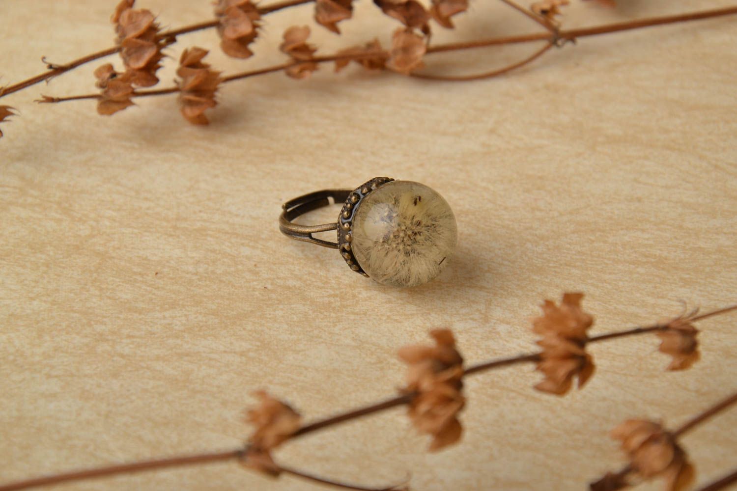 Bronze ring with natural dandelion in epoxy resin photo 1