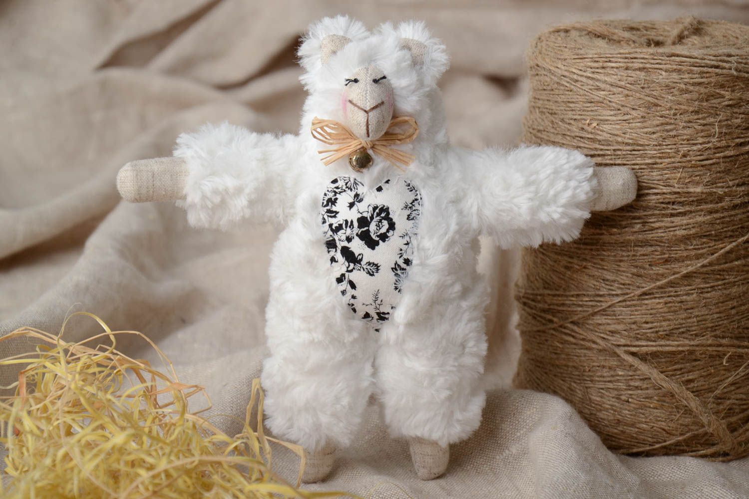 Handmade small soft toy lamb sewn of white faux fur and patterned linen fabric photo 1