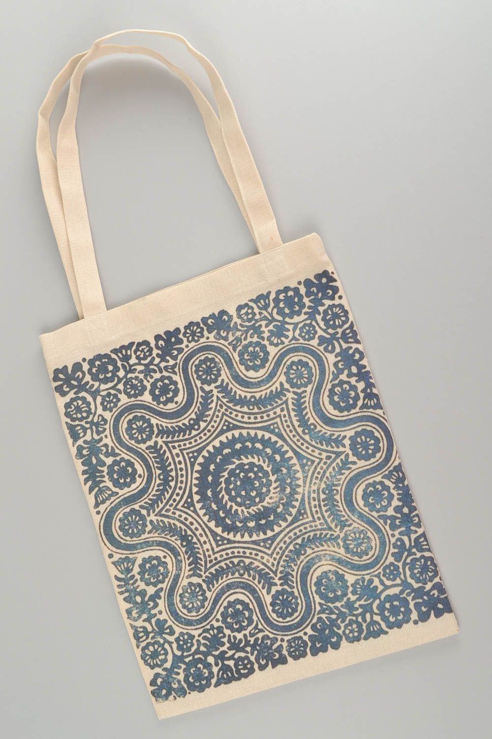 Handmade designer women's two thread fabric bag with blue ornament print photo 3