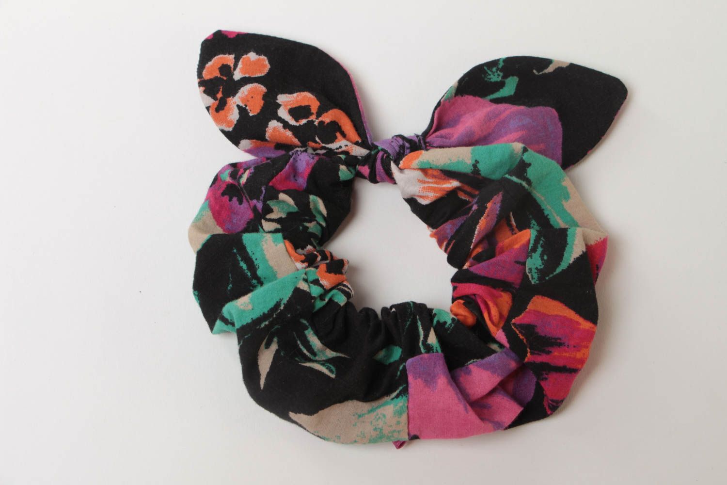 Homemade designer volume hair tie sewn of dark motley fabric with dolly bow photo 2