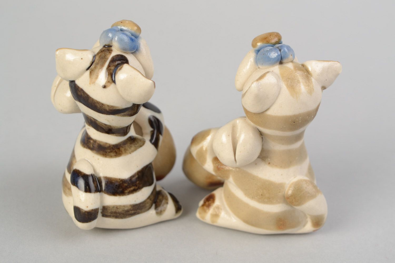 Set of handmade ceramic animal figurines cats 2 pieces of brown color cute statuettes photo 5