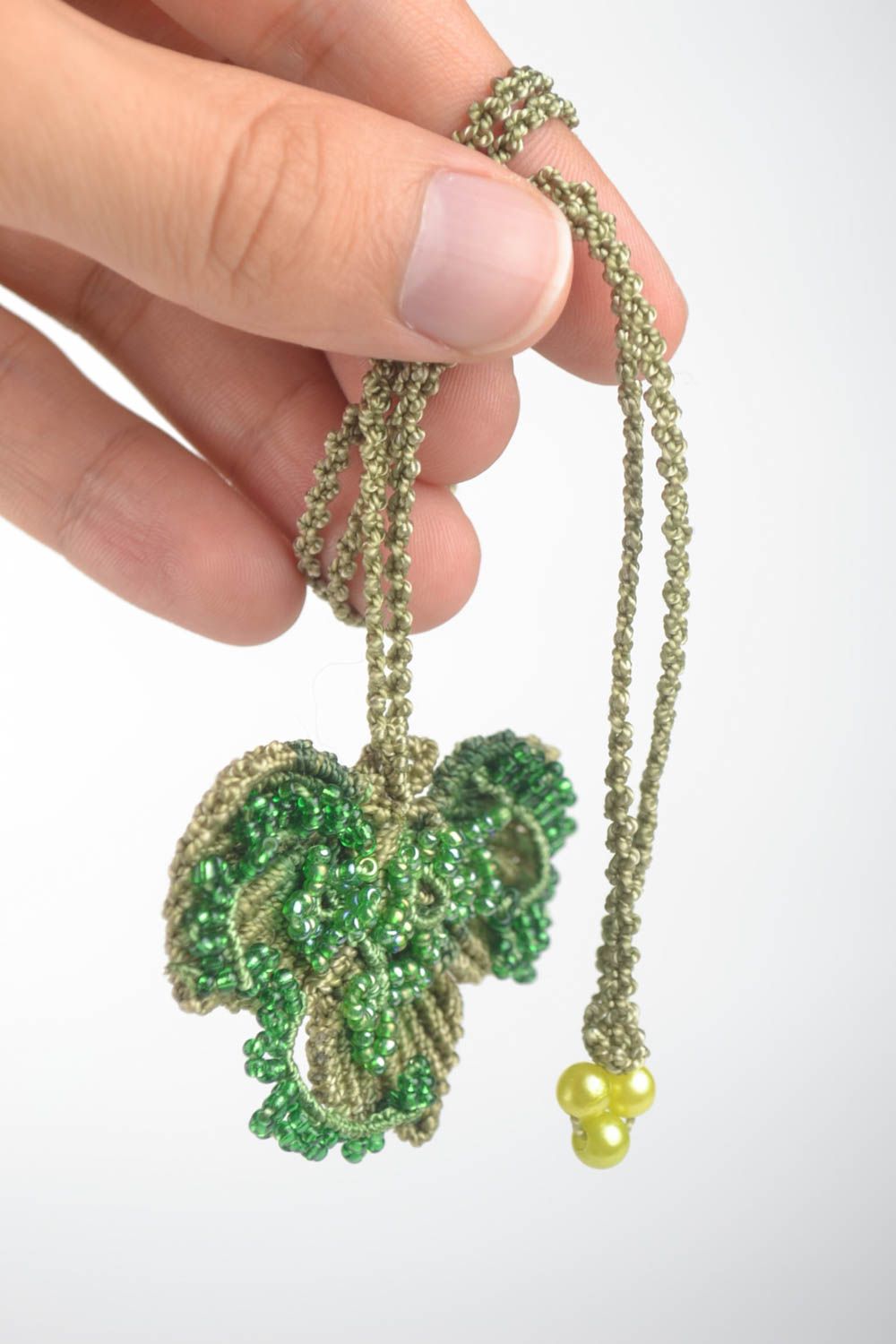 Stylish macrame pendant designer beaded necklace green leaf accessory photo 5