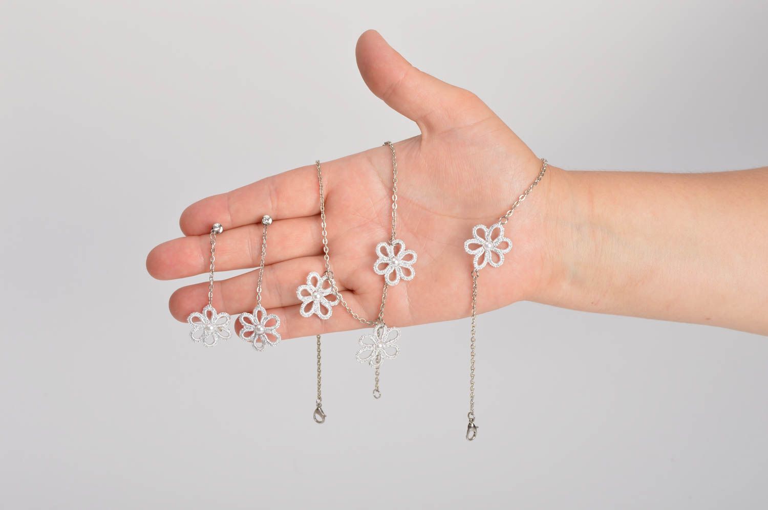 Beautiful homemade designer jewelry set tatting earrings necklace bracelet photo 5