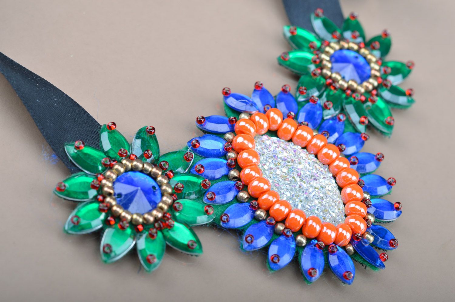 Handmade colorful bead embroidered necklace with rhinestones and ribbons Peacock photo 2