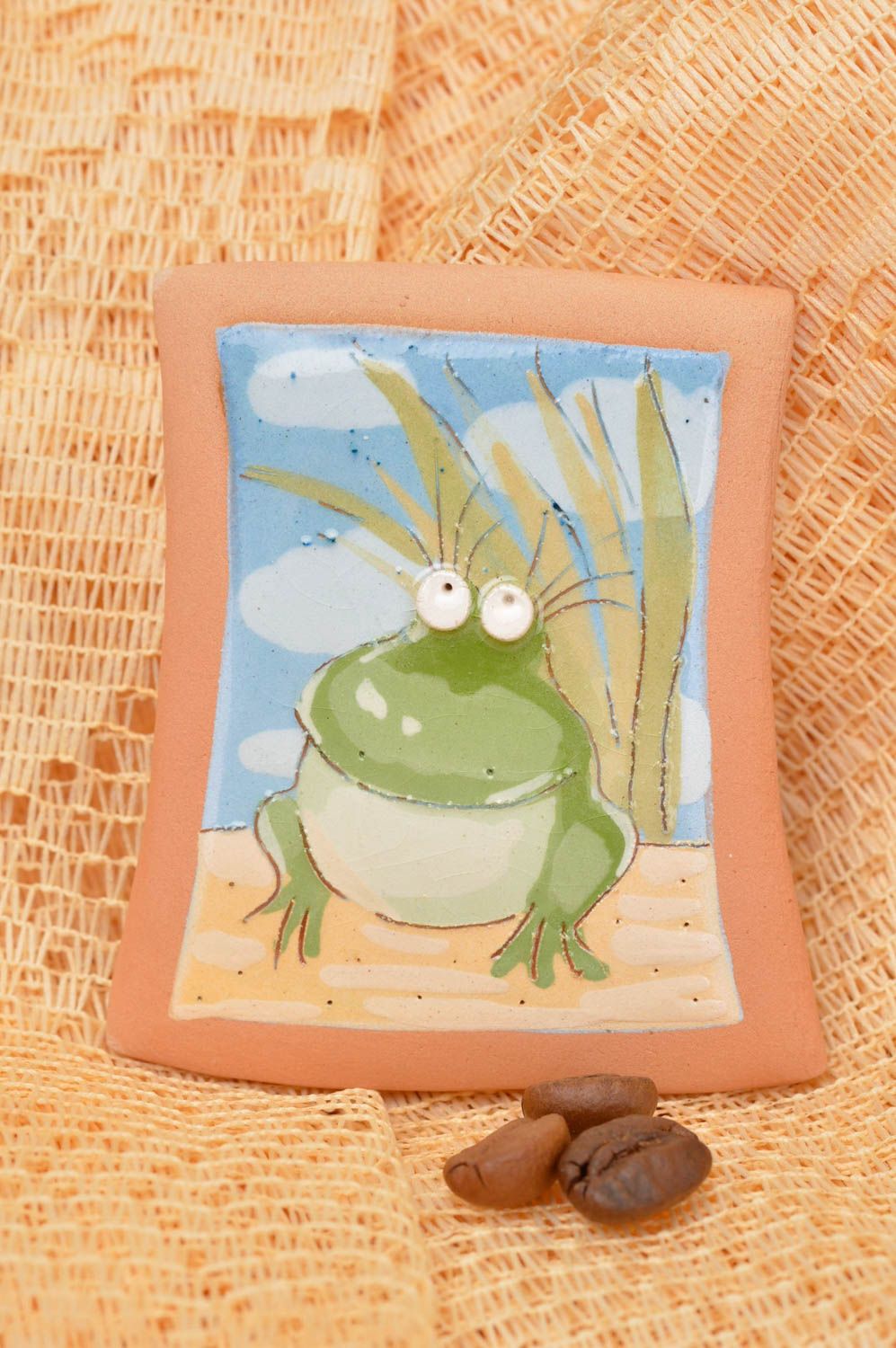 Unusual fridge magnet with frog handmade home souvenir stylish art pottery photo 1