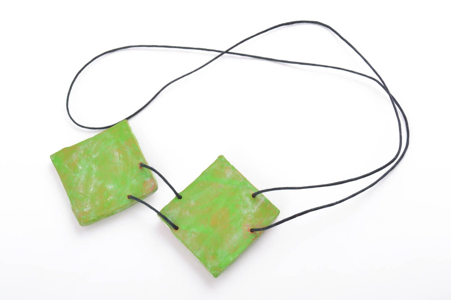 Handmade ceramic pendant necklace with square elements ornamented with acrylics photo 3