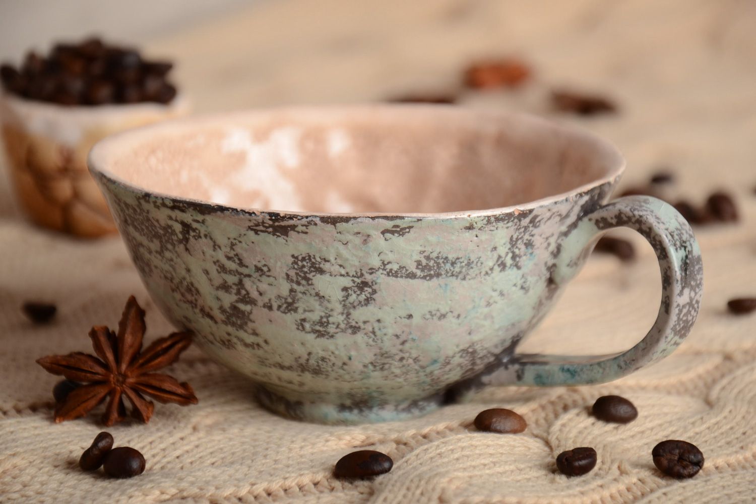 Clay glazed ceramic wide cup for coffee in grey and brown color photo 1