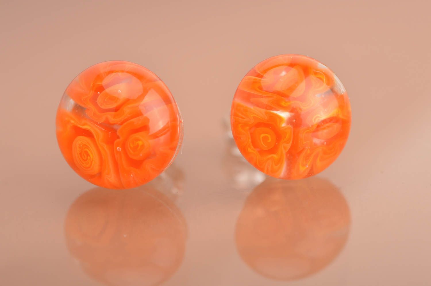 Small designer handmade millefiori glass round stud earrings of orange color photo 2