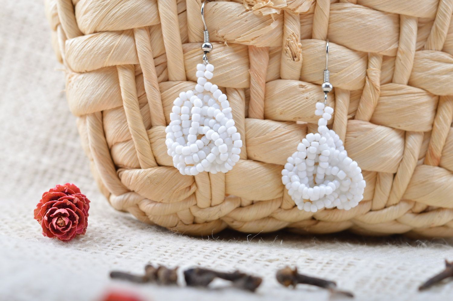 Unusual handmade white long earrings woven of Czech beads photo 1