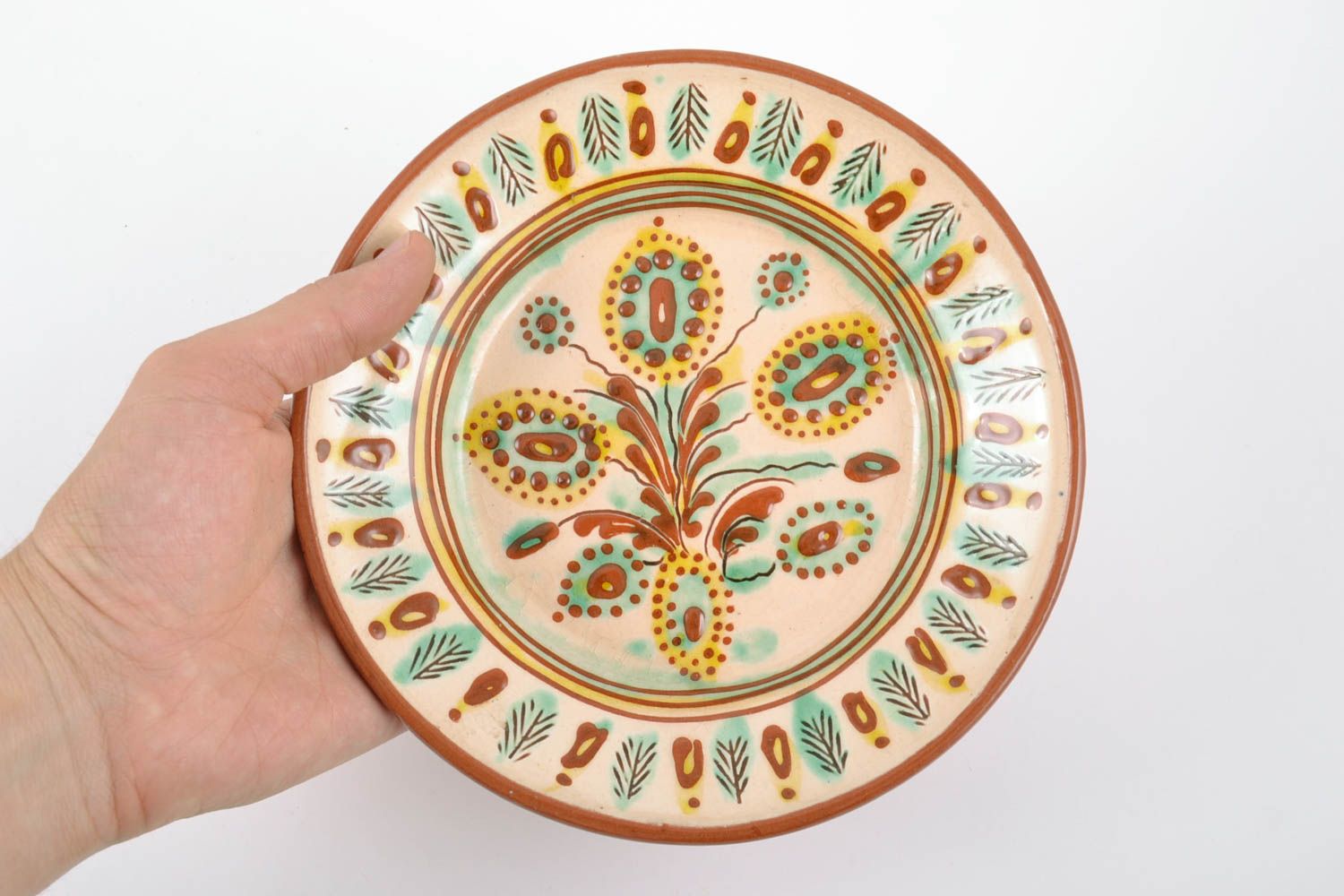 Handmade decorative wall hanging ceramic plate painted with glaze in ethnic styl photo 2