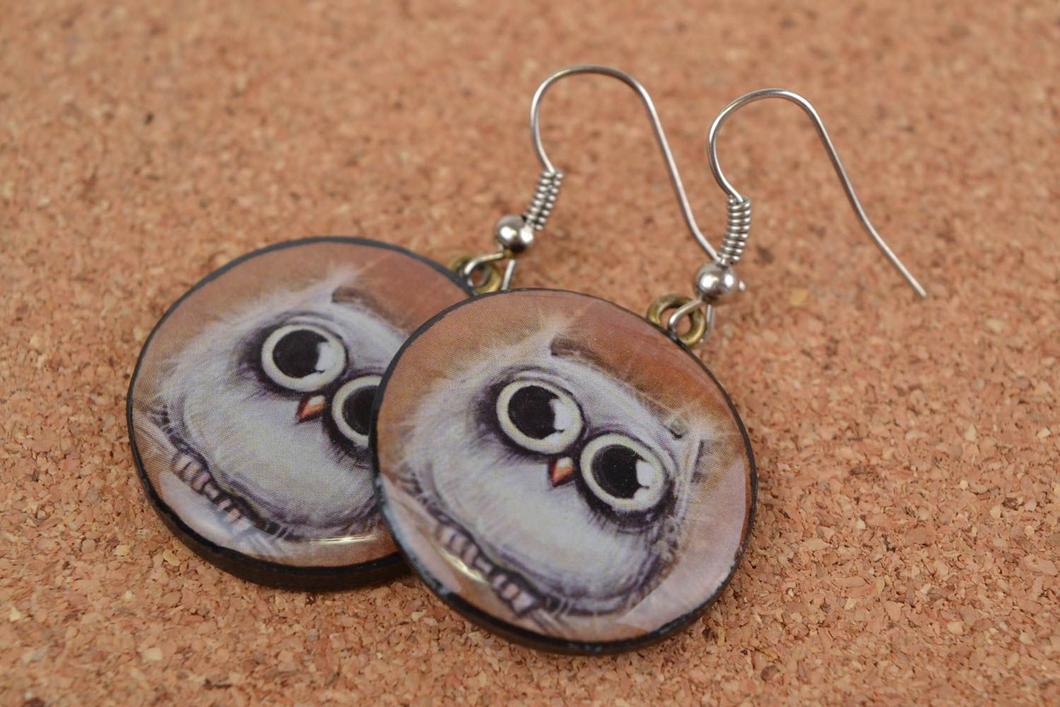 Handmade round polymer clay decoupage dangling earrings with image of owls photo 1