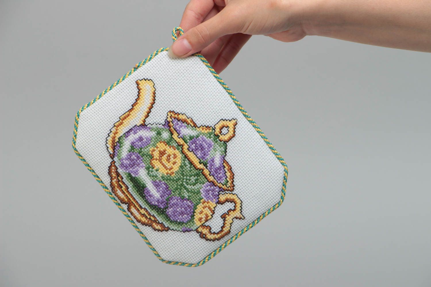 Handmademachter Textil Untersetzer für Tassen mit Kreuzstickerei Teekanne foto 5