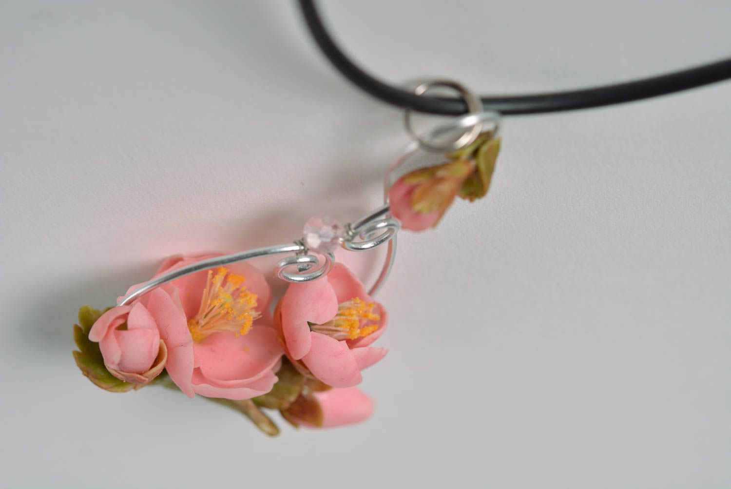 Beautiful handmade designer polymer clay flower pendant on rubber cord photo 3
