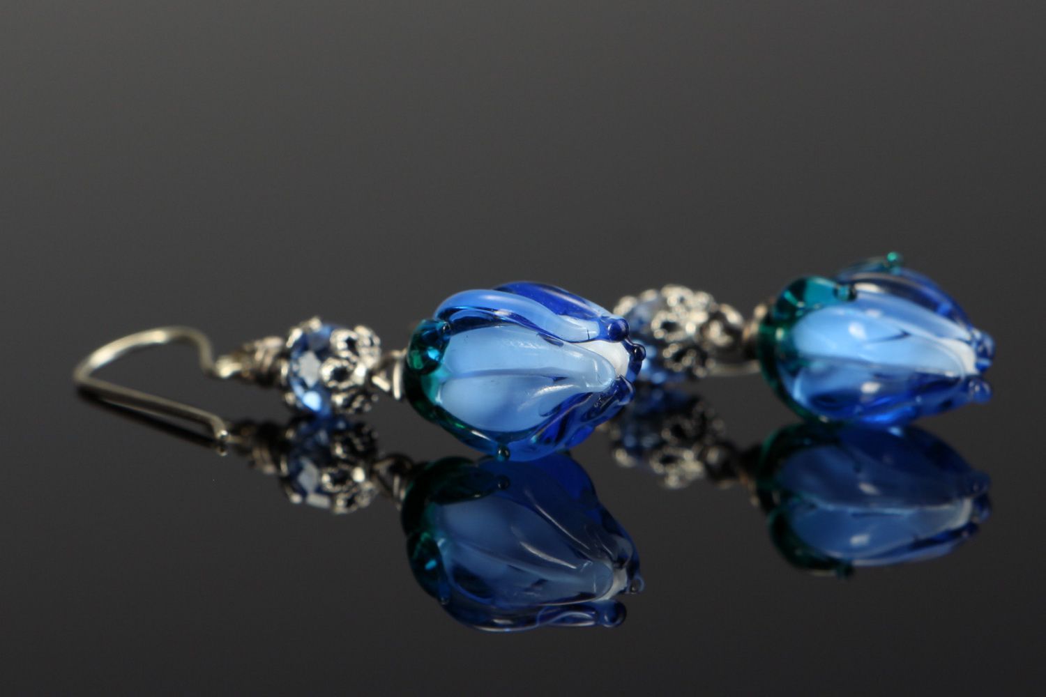 Silver earrings with glass Blue buds photo 1