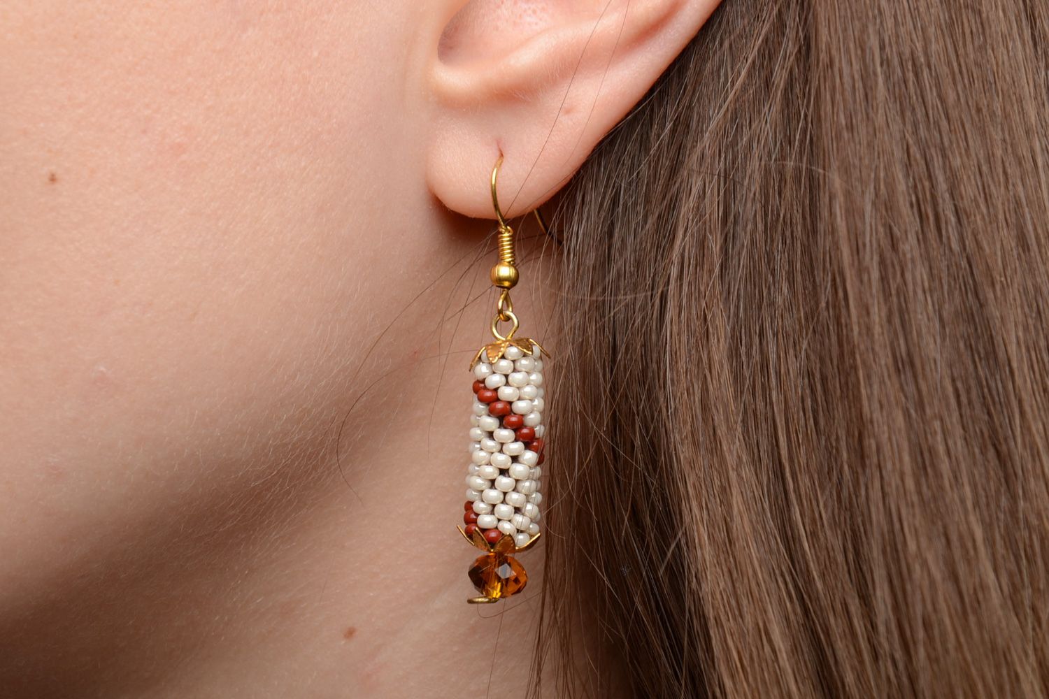 Cute handmade beaded dangle earrings in light color palette  photo 2