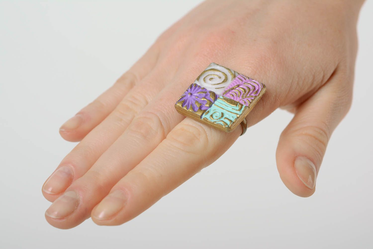 Handmade designer polymer clay ring painted with acrylics photo 2