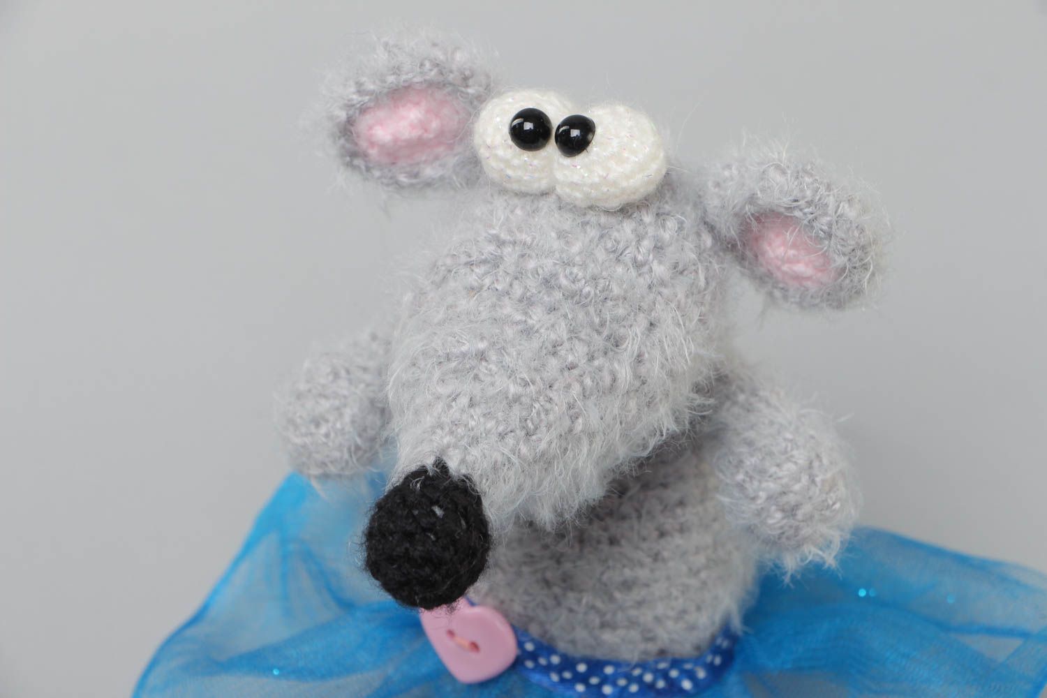 Handmade soft toy crocheted of acrylic threads gray mouse in blue tutu skirt photo 3