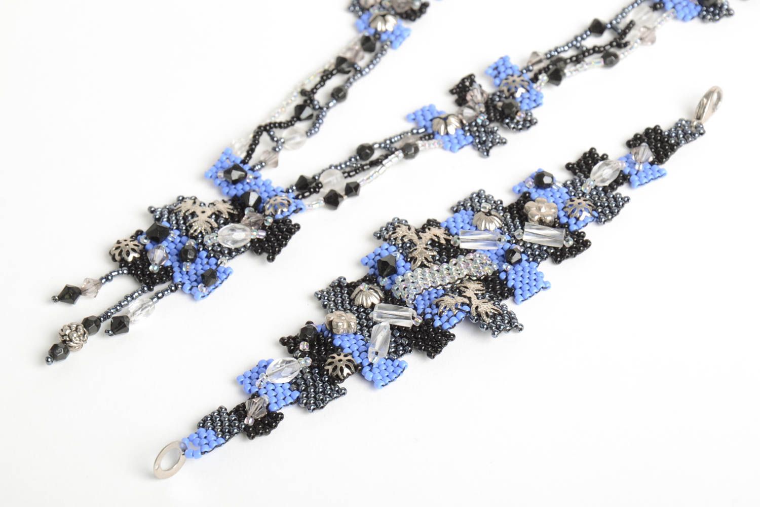 Bijoux fait main Collier femme Bracelet fantaisie perles de rocaille bleu noir photo 4