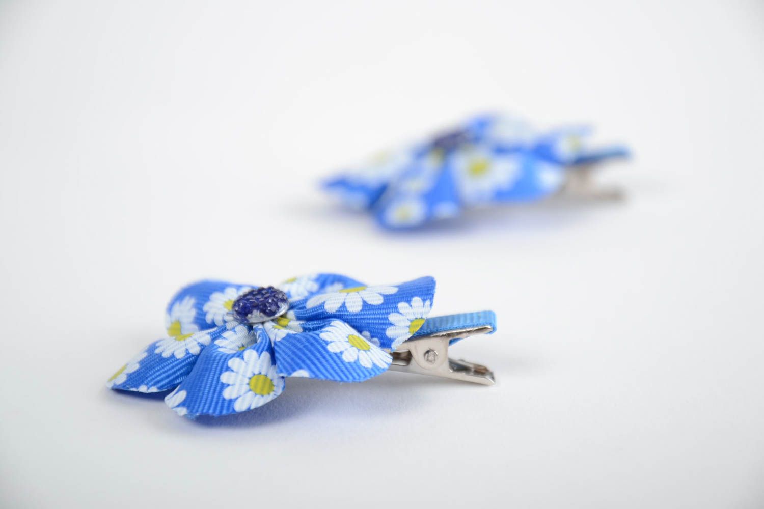 Children's handmade designer blue rep ribbon flower hair clips set 2 pieces photo 3