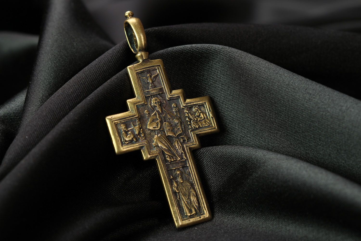 Orthodox two-sided bronze crucifix pendant photo 2