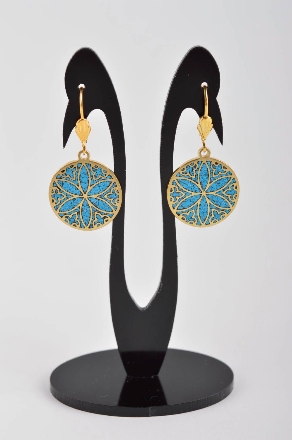 Stylish earrings with natural stones handmade brass earrings metal bijouterie photo 7