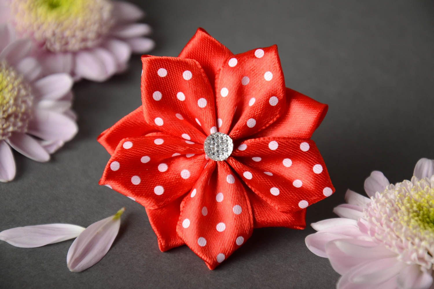 Handmade hair band with satin ribbon red kanzashi flower with cabochon photo 1