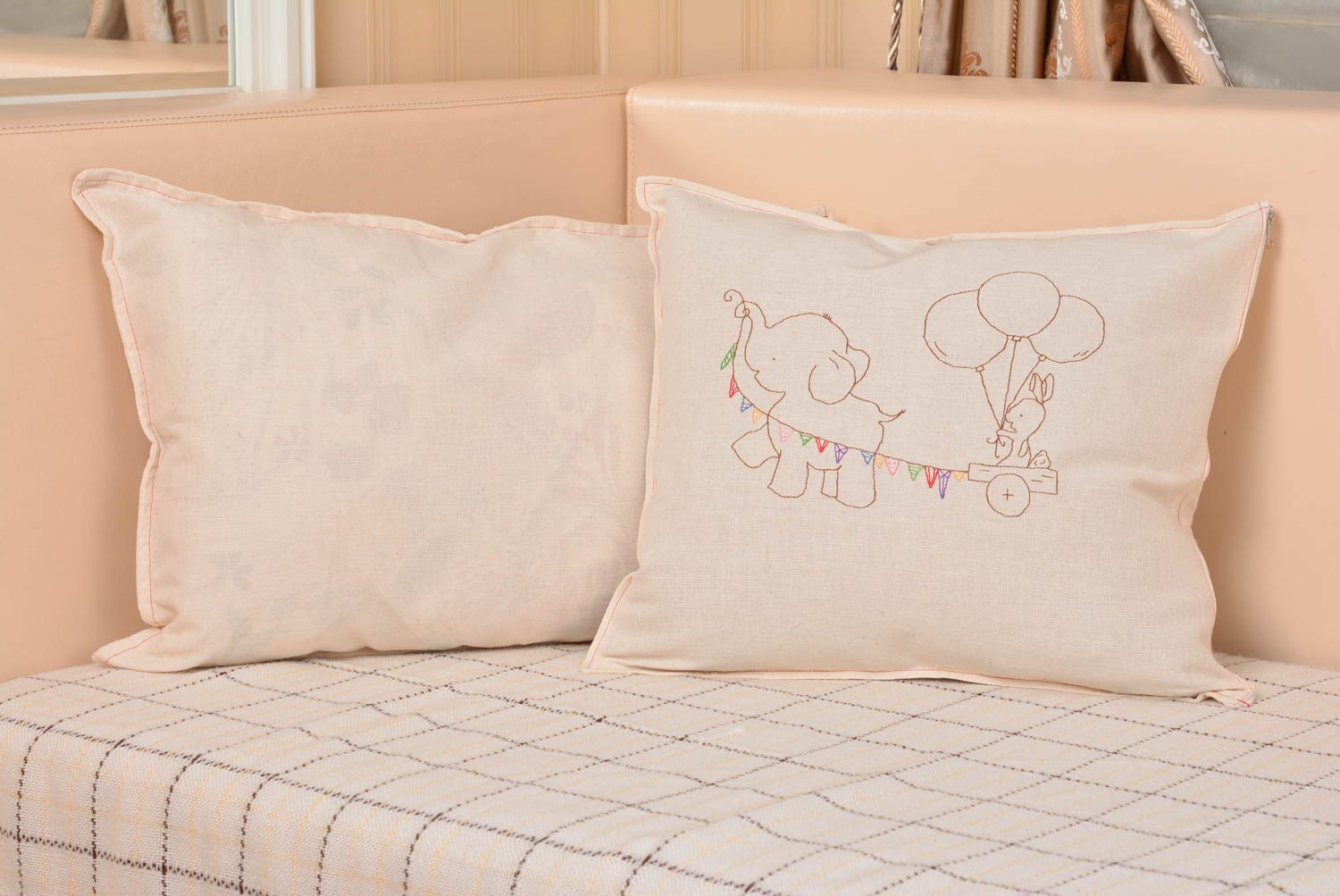 Handmade designer semi linen fabric pillow cover with embroidery for kids photo 3