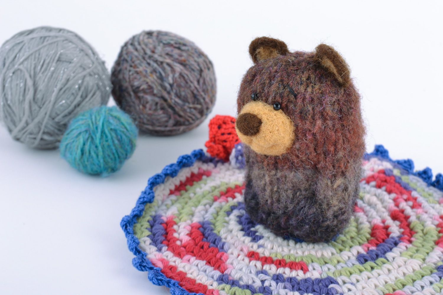 Brown handmade crochet toy bear with felted elements for children photo 1
