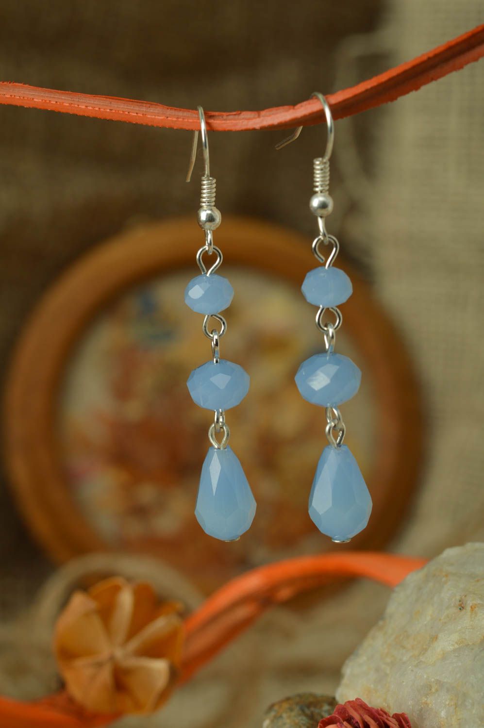 Handmade designer long dangle earrings with blue faceted glass beads for women photo 1