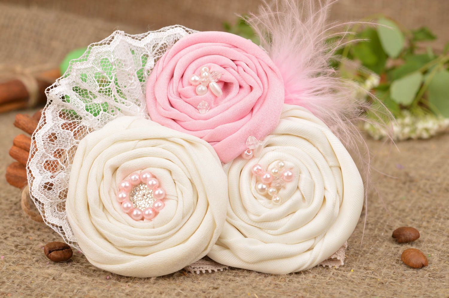 Light hair clip made of fabric with feathers handmade flower designer barrette  photo 1