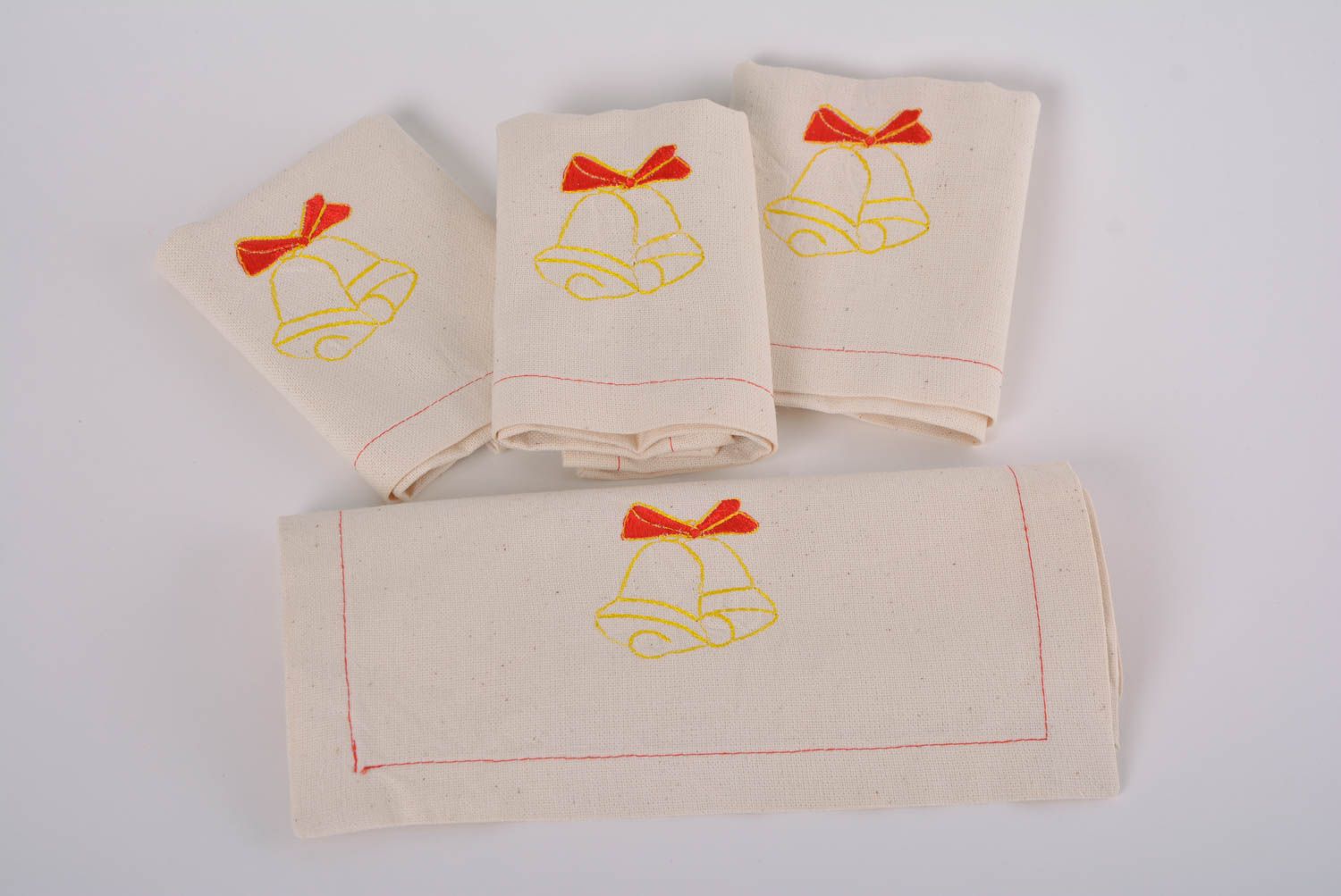 Handmade napkins with embroidery made of semi linen set of 4 pieces with bells photo 3