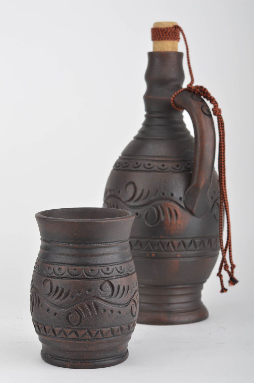 Clay drinkware set 2 pieces handmade designer ceramic bottle 950 ml and glass photo 5
