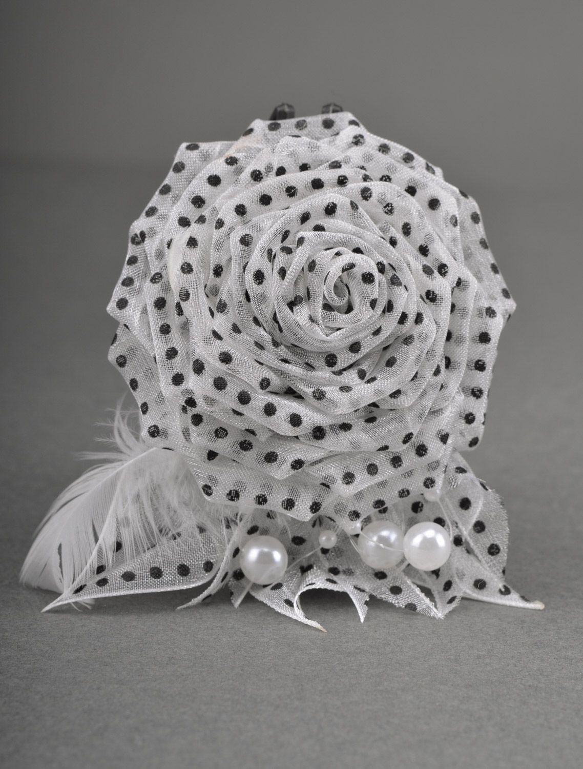 Handmade white polka dot fabric flower brooch with beads and feathers photo 5