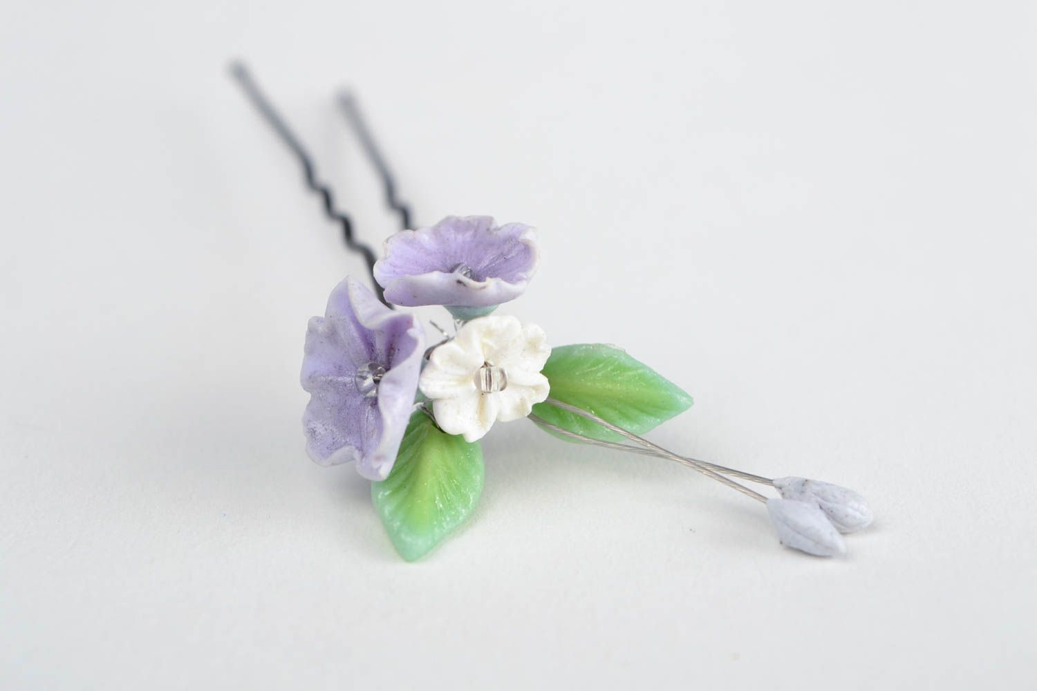 Handmade small metal hair pin decorated with tender violet polymer clay flowers photo 3