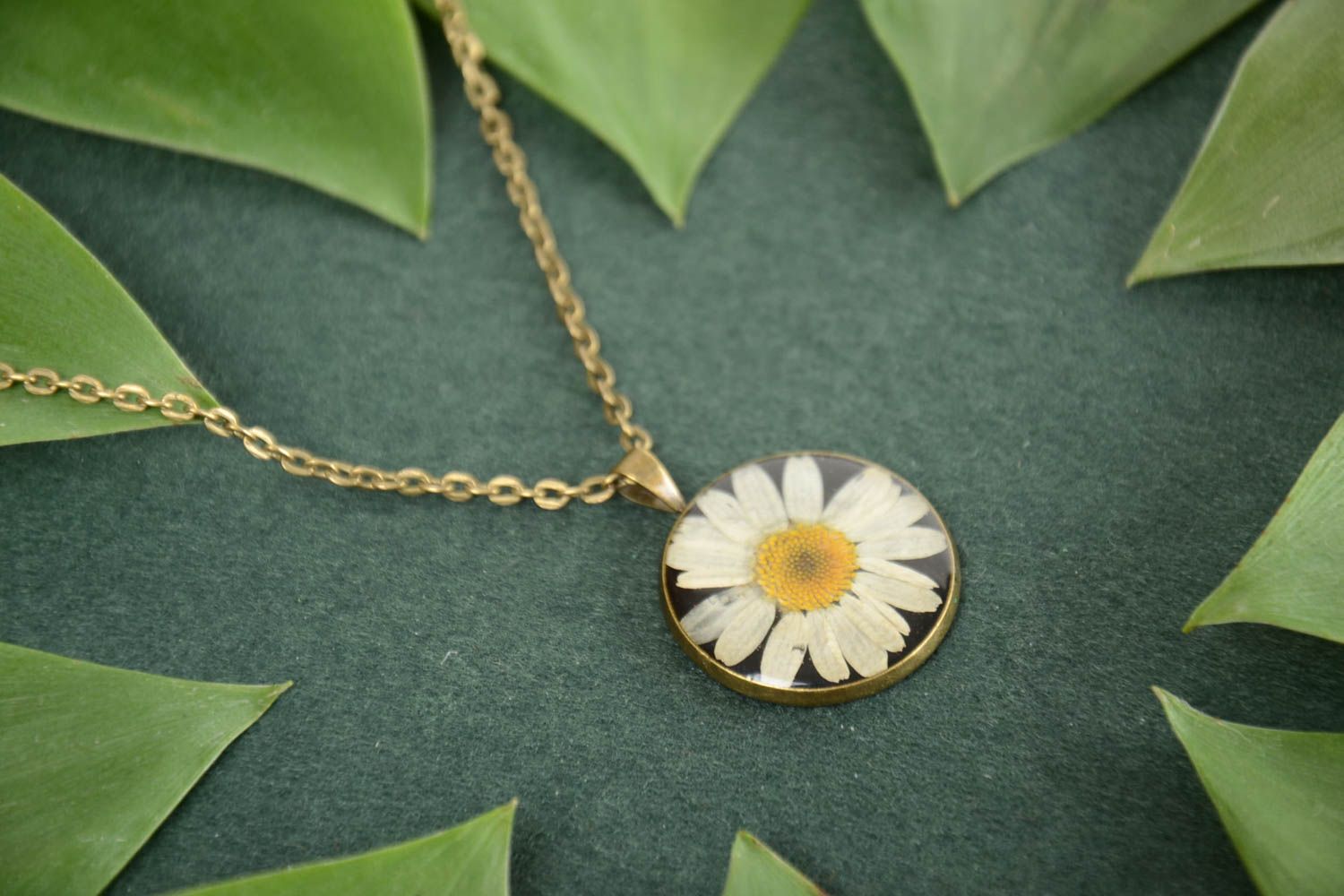 Handmade round neck pendant with real flowers coated with epoxy Camomile photo 5