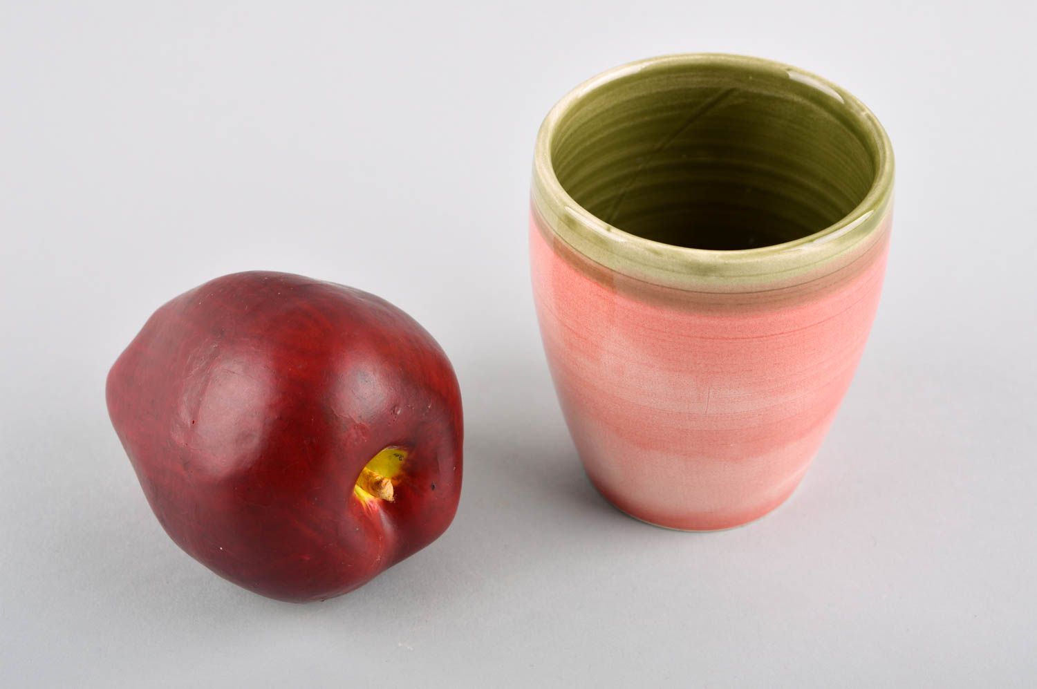 8 oz porcelain handmade art ceramic cup in pink color and light green glaze photo 1