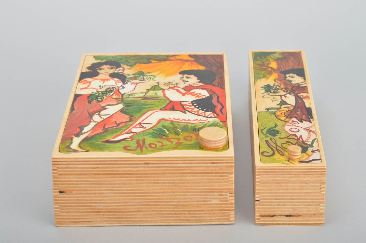 Boîtes décoratives en contreplaqué faites main à bijoux peintes 2 pièces photo 2