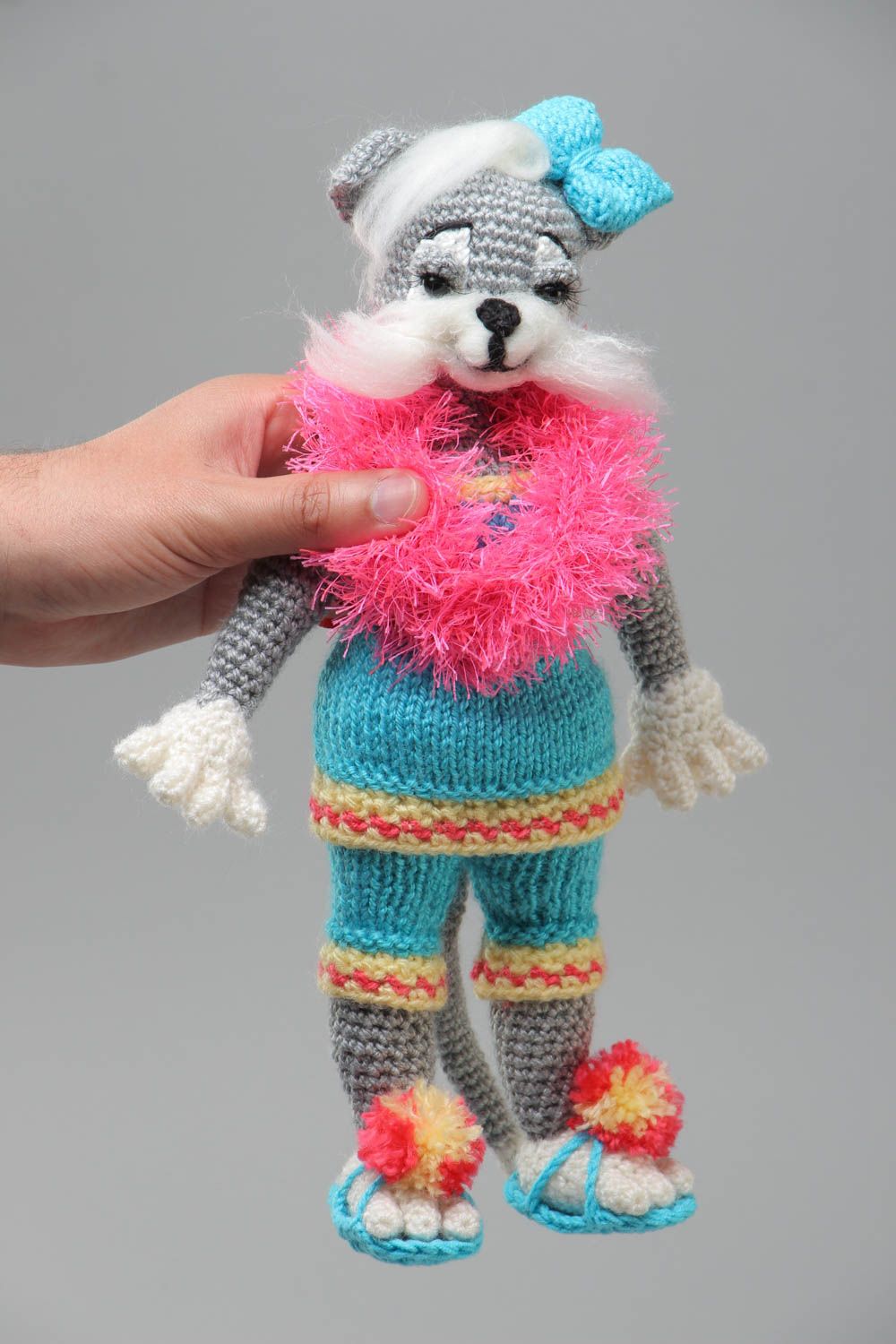 Handmade soft toy crochet of acrylic threads with bow Stylish Kitty photo 5