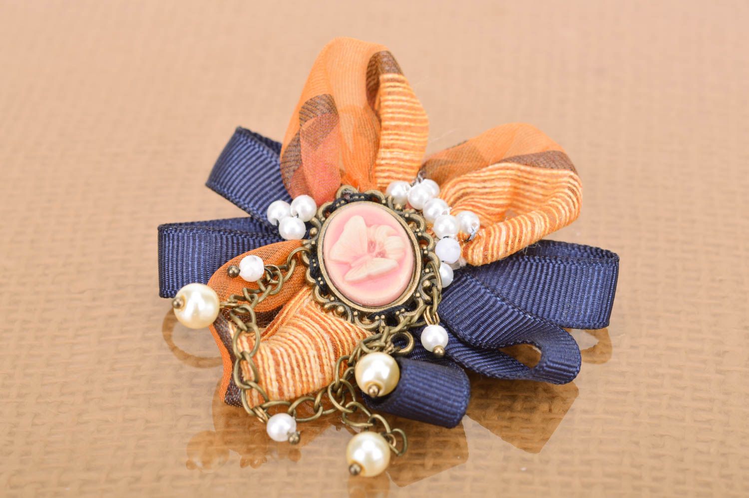 Textile satin ribbon handmade brooch with beads beautiful stylish accessory photo 2
