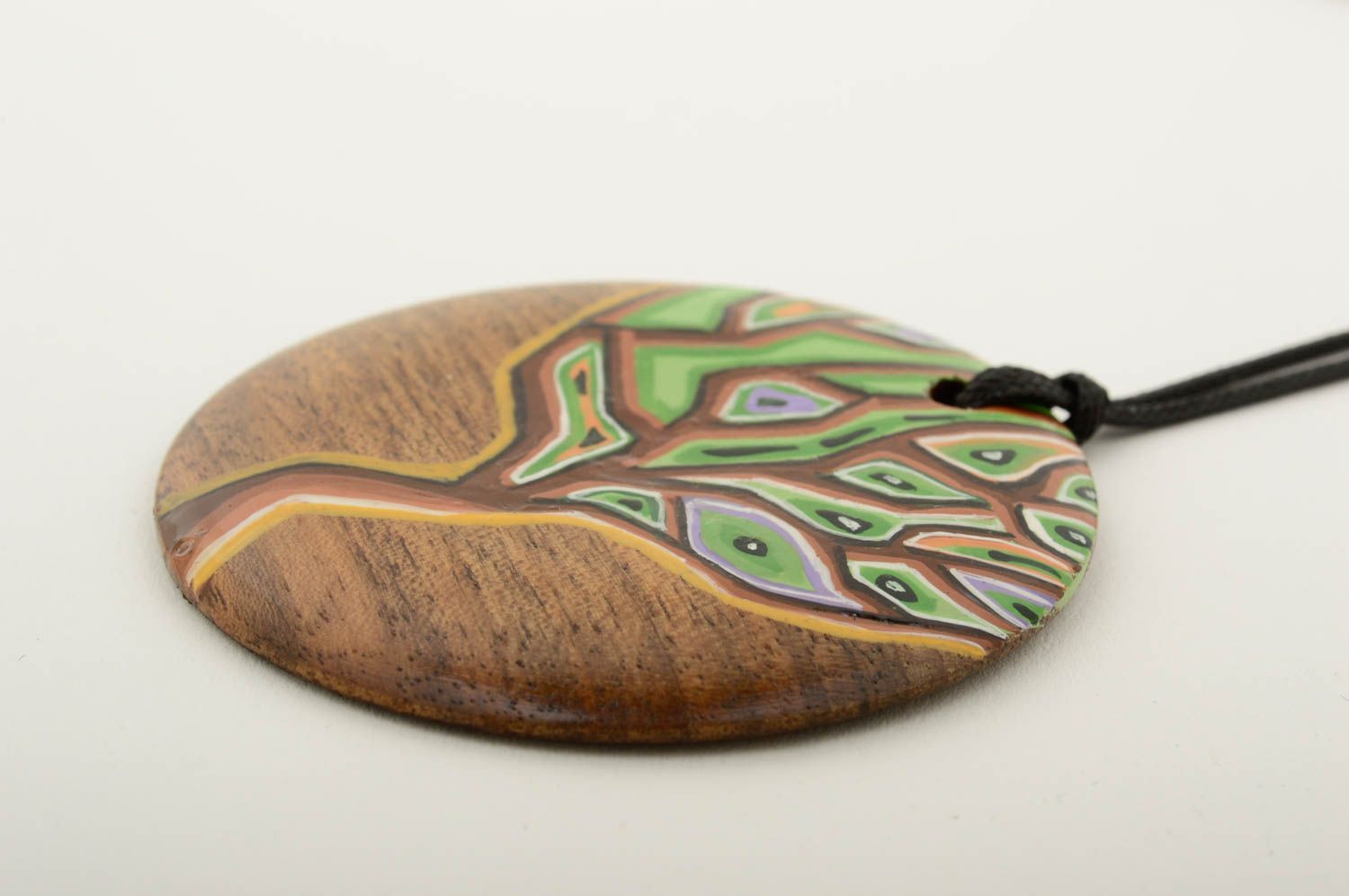 Pendentif bois naturel Bijou fait main peint rond tendance Accessoire femme photo 4