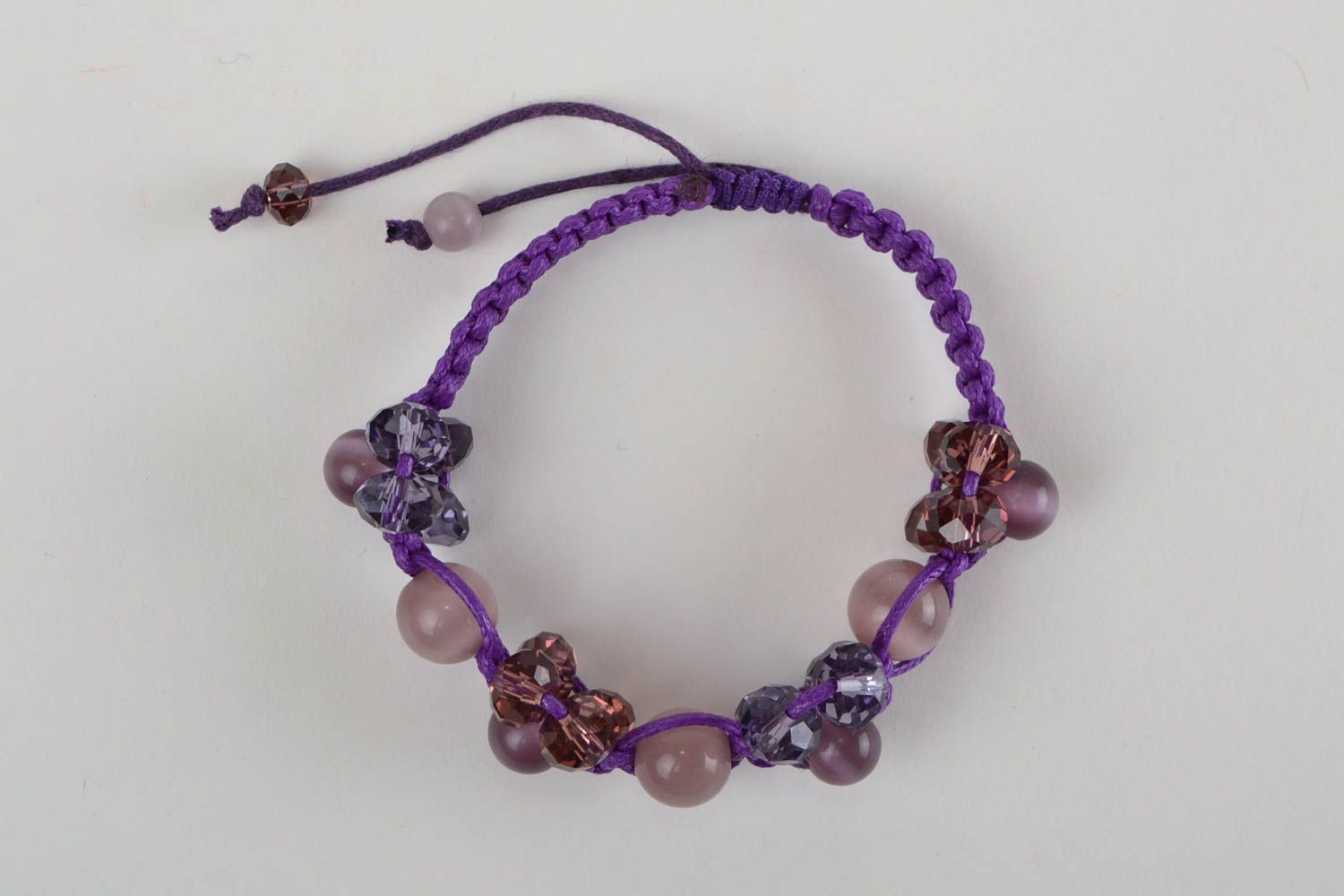 Handmade macrame woven violet cord wrist bracelet with Czech glass beads photo 3