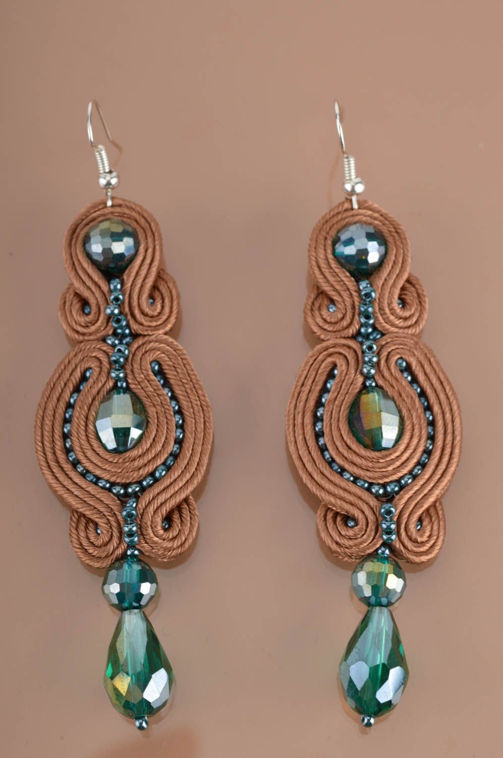 Brown massive long evening earrings created manualy using soutache technique photo 2
