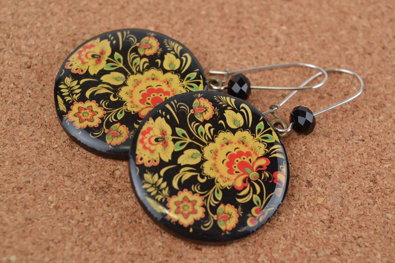 Black and yellow handmade designer polymer clay earrings with decoupage photo 1