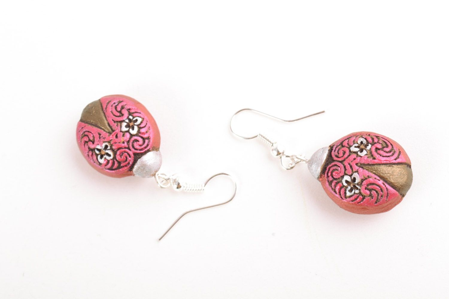 Tender small ceramic dangling earrings painted with acrylics handmade for women photo 5